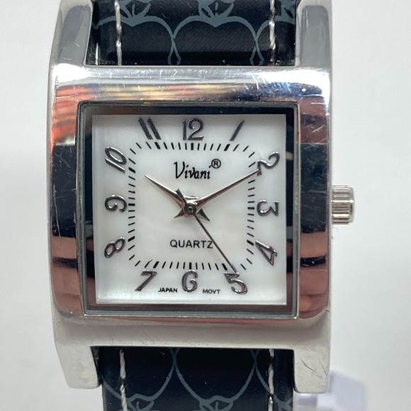 Vivani Watch Women 25mm Silver Tone MOP Dial Black Heart Band New Battery 8" - Picture 3 of 16